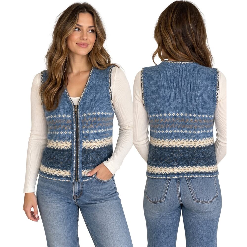 Vtg St. Johns Bay Fair Isle Sweater Vest Sz L Wool Full Zip Blue Nordic Knit 90s